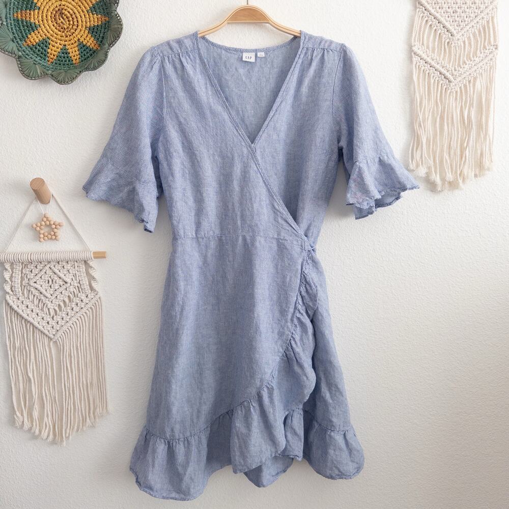 GAP Large Linen and Cotton Blue and White Stripe Ruffle Wrap Dress